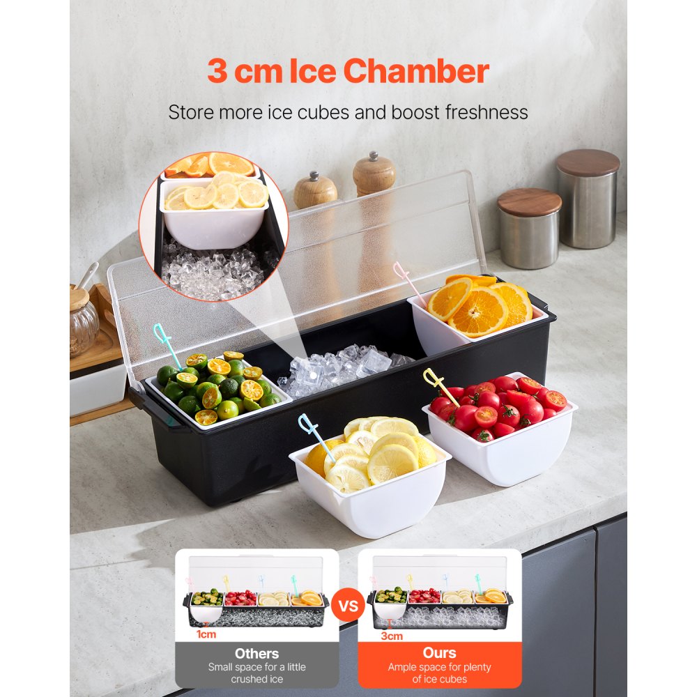 VEVOR Chilled Condiment Server 4 Compartment Cold Serving Tray with Clear Lid