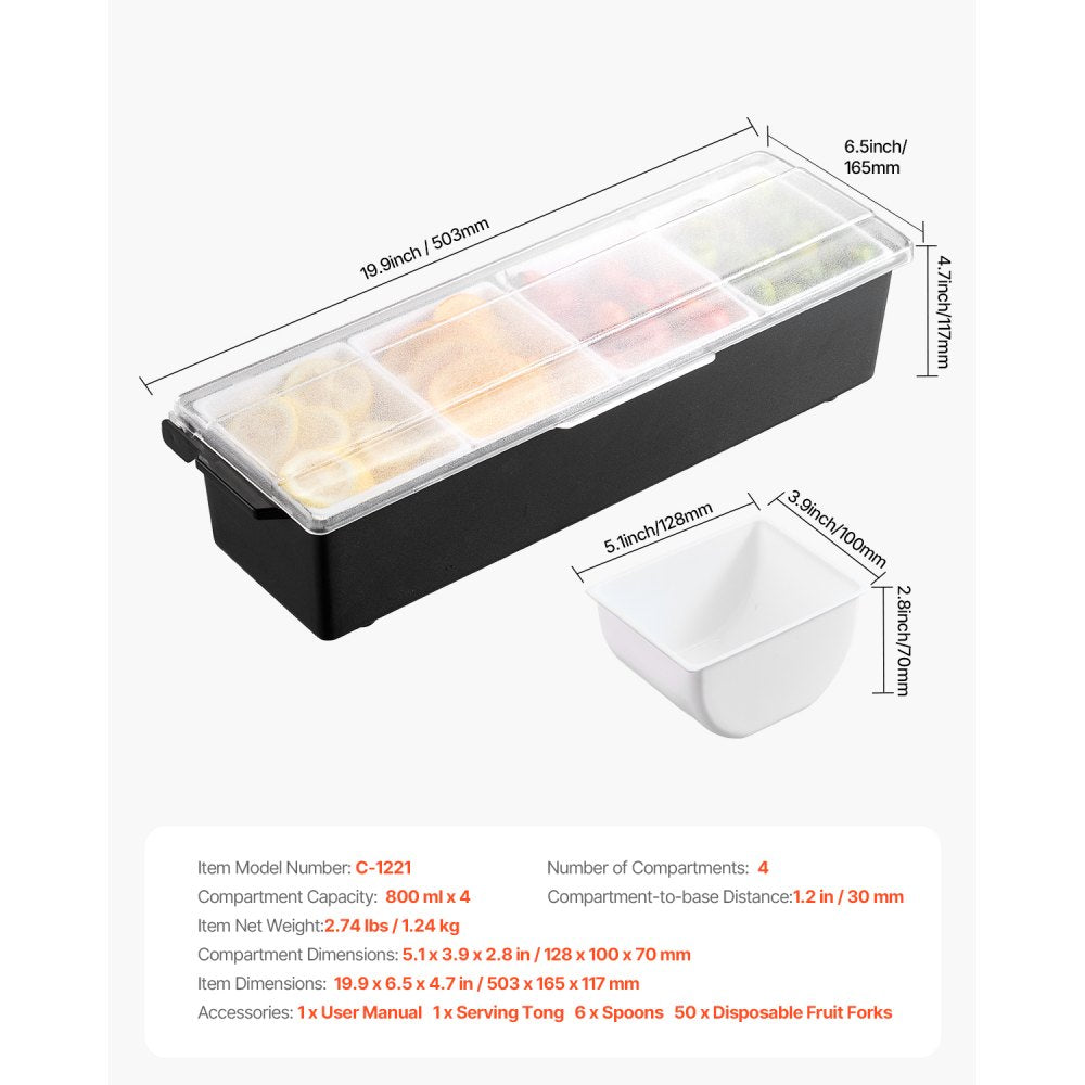 VEVOR Chilled Condiment Server 4 Compartment Cold Serving Tray with Clear Lid