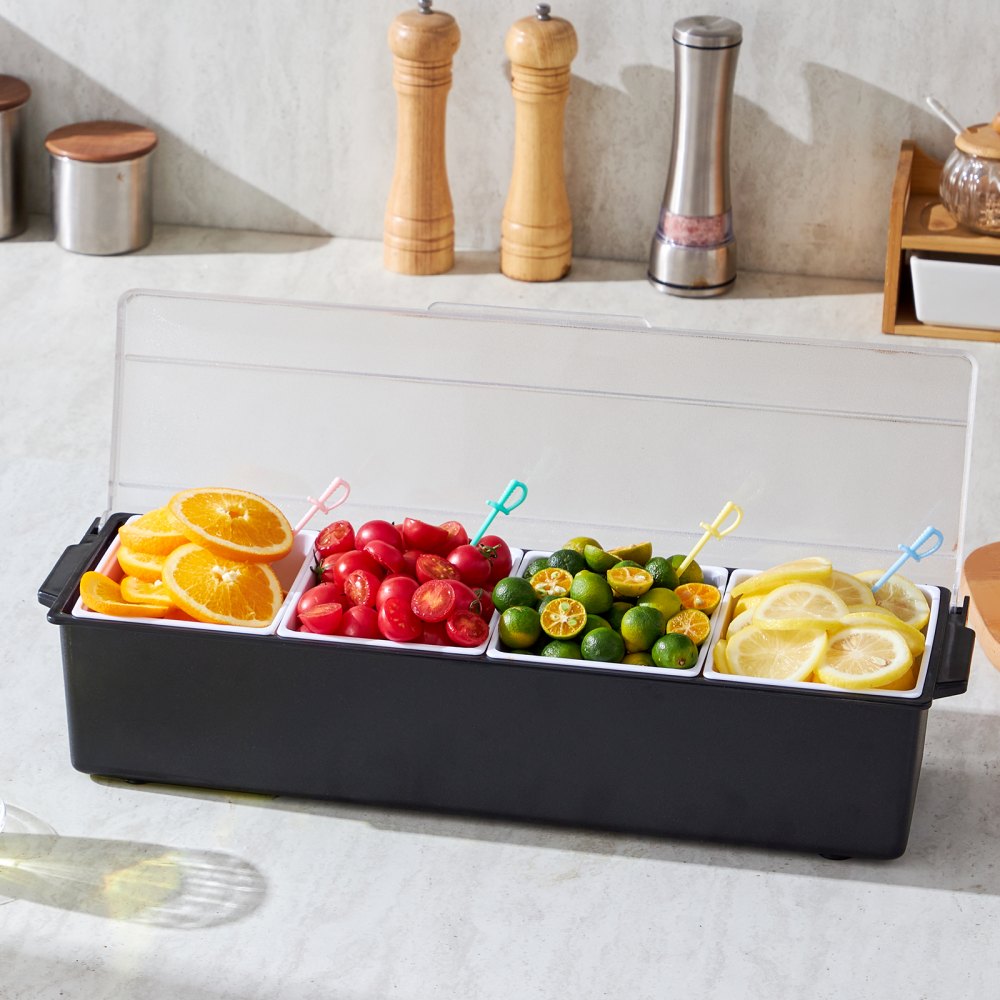 VEVOR Chilled Condiment Server 4 Compartment Cold Serving Tray with Clear Lid