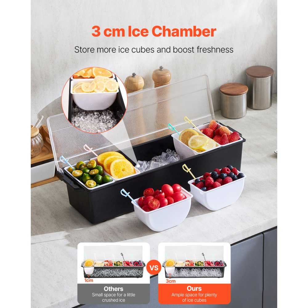 VEVOR Chilled Condiment Server 6 Compartment Cold Serving Tray with Clear Lid