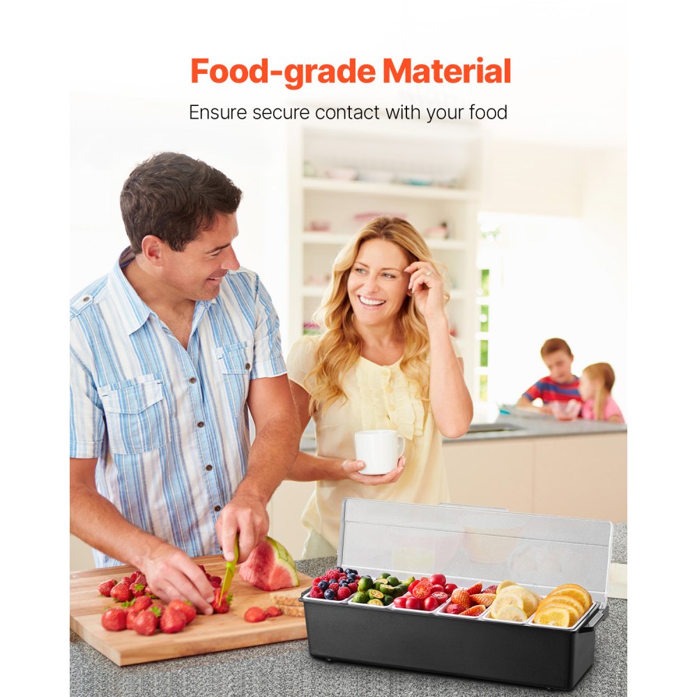 VEVOR Chilled Condiment Server 6 Compartment Cold Serving Tray with Clear Lid