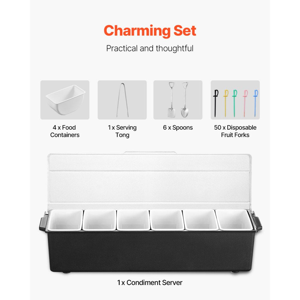 VEVOR Chilled Condiment Server 6 Compartment Cold Serving Tray with Clear Lid