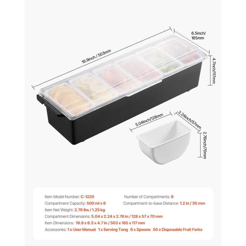 VEVOR Chilled Condiment Server 6 Compartment Cold Serving Tray with Clear Lid