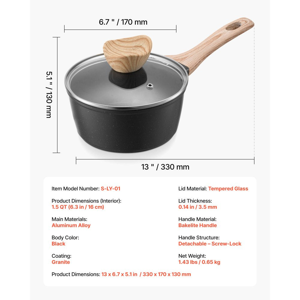 1.5 QT Saucepan Nonstick Saucepan with Glass Lid & Detachable Handle Black