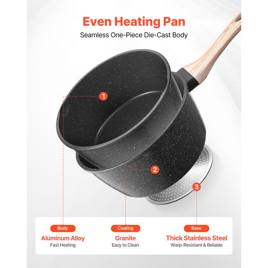2.5 QT Saucepan Nonstick Saucepan with Glass Lid & Detachable Handle Black