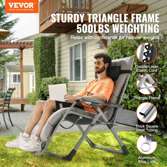 Heavy-duty zero gravity recliner features a triangular steel frame and reinforced tubes for stable lounging