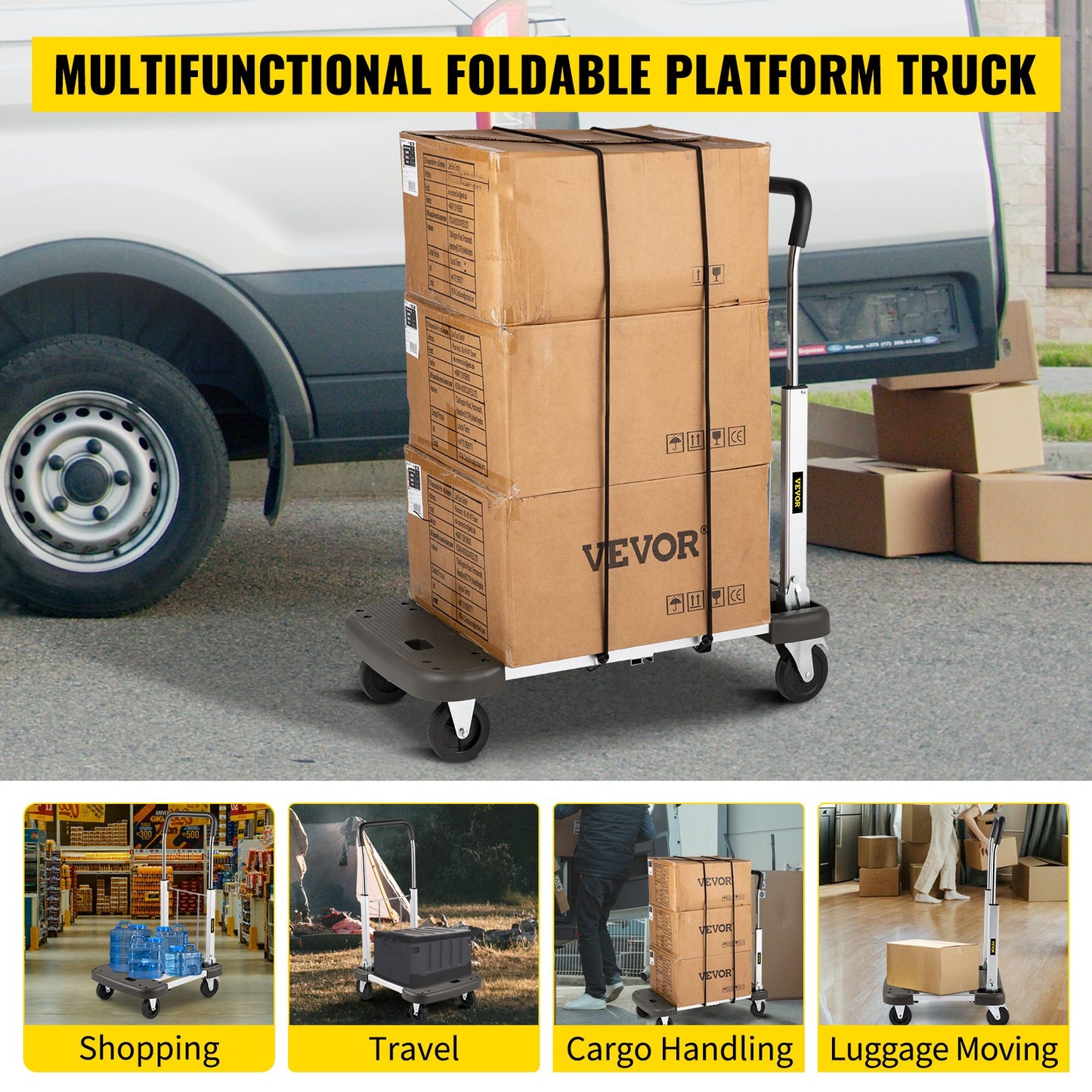 VEVOR Platform Truck Foldable, Compact Platform Cart Adjustable Length, Aluminum