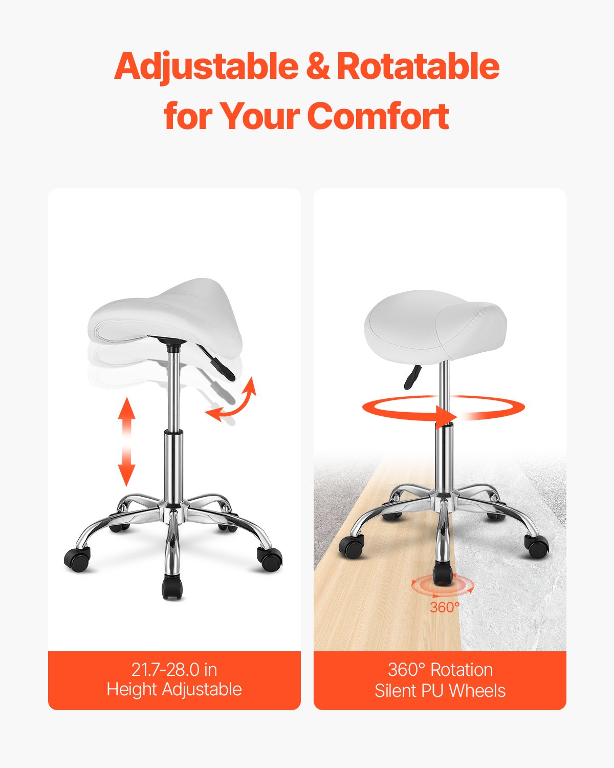VEVOR Saddle Stool Swivel Stool with Wheels PU Leather Height Adjustable White