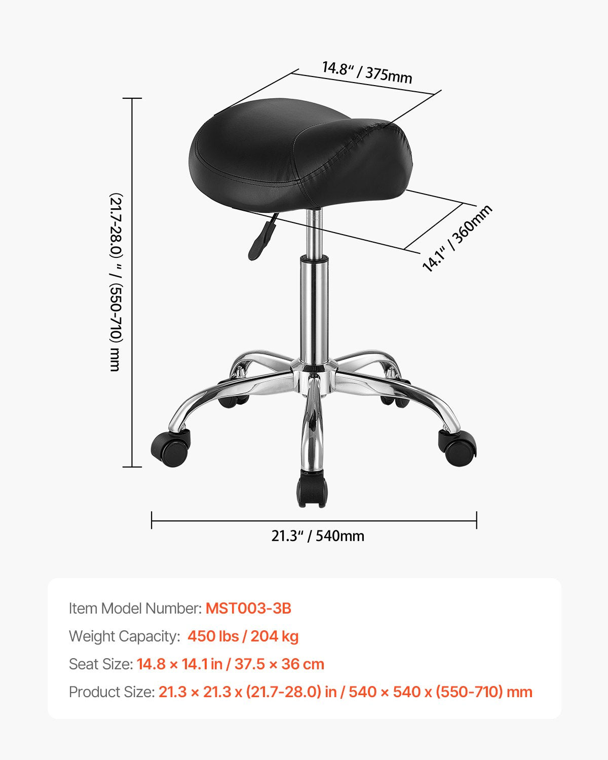 VEVOR Saddle Stool Swivel Stool with Wheels PU Leather Height Adjustable Black