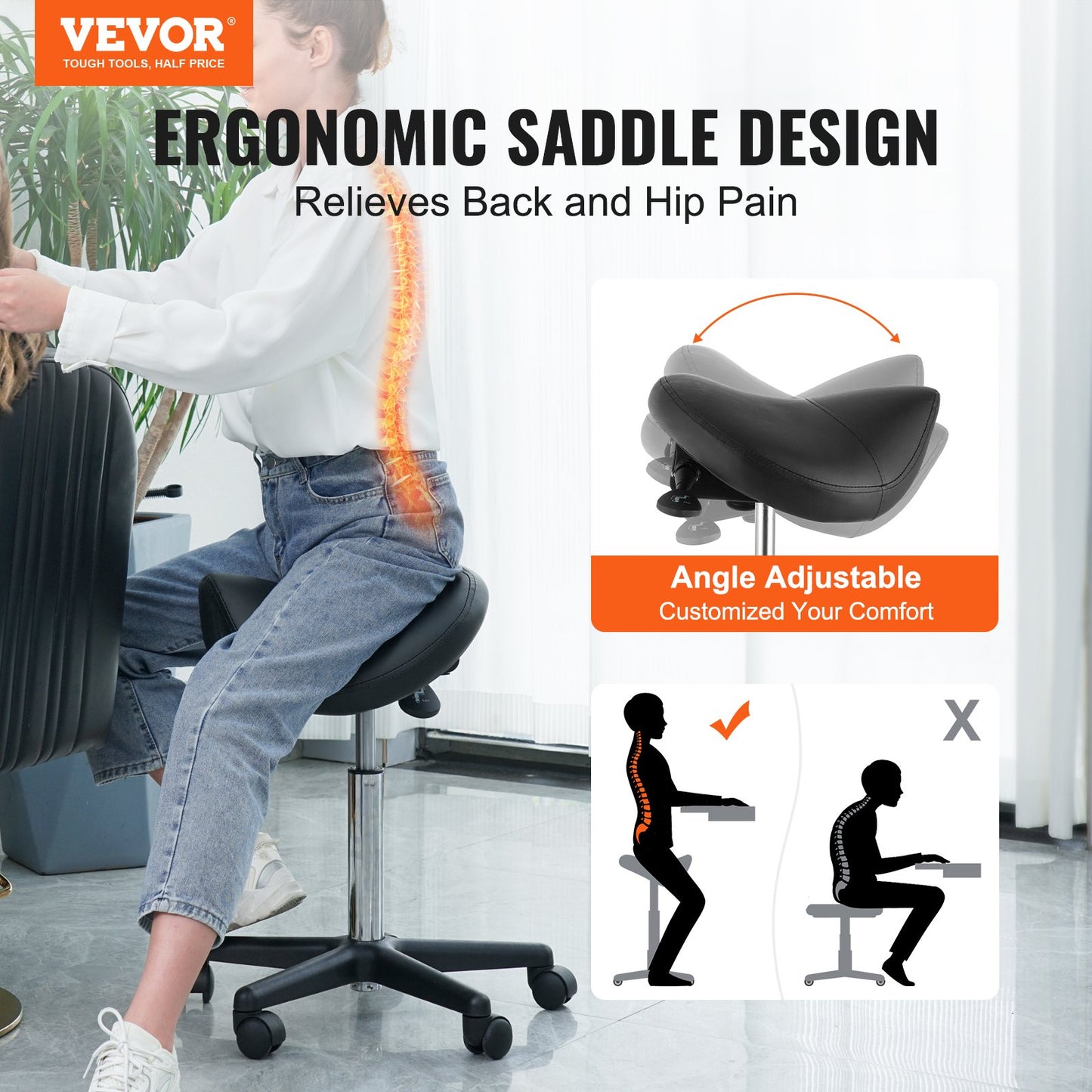 VEVOR Saddle Stool Rolling Chair, Ergonomic Saddle Chair with Wheels, Height Adjustable