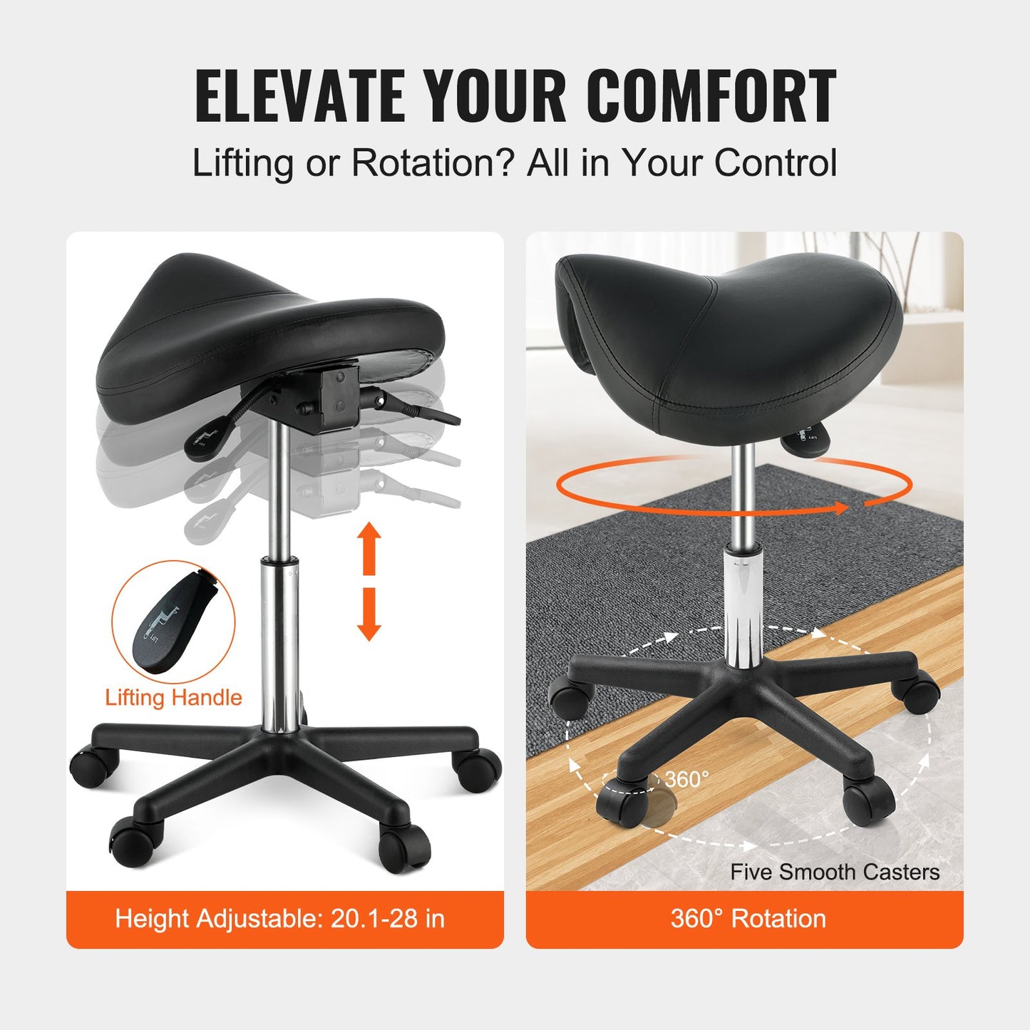 VEVOR Saddle Stool Rolling Chair, Ergonomic Saddle Chair with Wheels, Height Adjustable