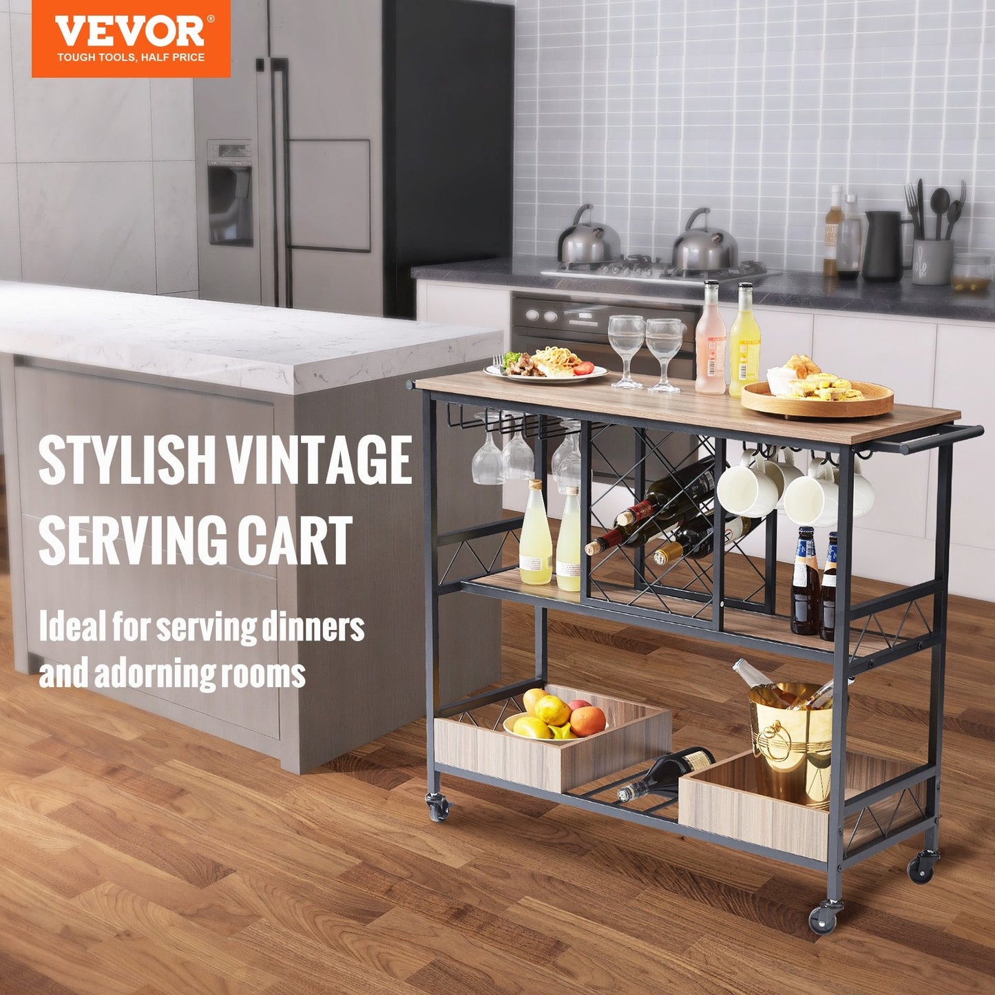 3-Tier Rolling Bar Cart with Wine Rack & Glass Holder, 136 kg Capacity