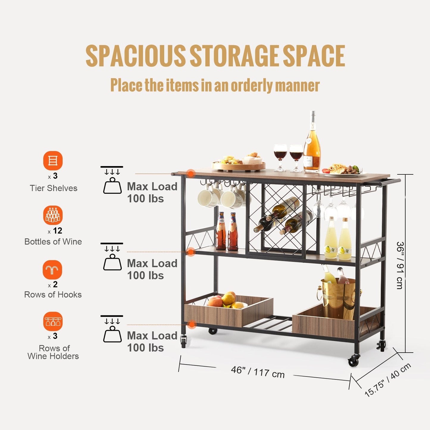 3-Tier Rolling Bar Cart with Wine Rack & Glass Holder, 136 kg Capacity