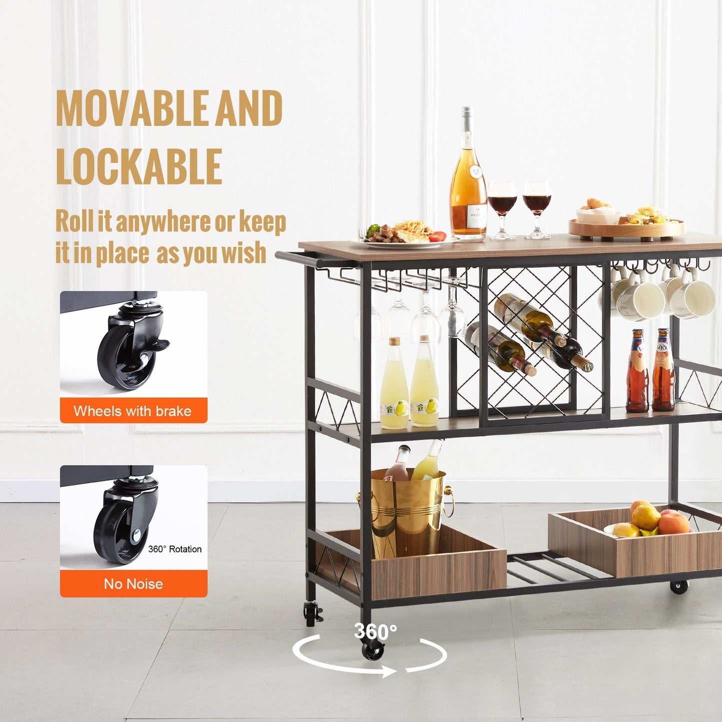 3-Tier Rolling Bar Cart with Wine Rack & Glass Holder, 136 kg Capacity