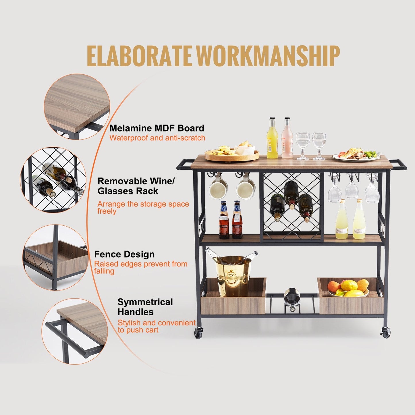 3-Tier Rolling Bar Cart with Wine Rack & Glass Holder, 136 kg Capacity