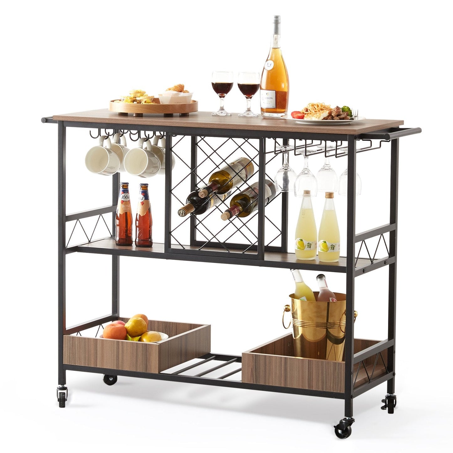 3-Tier Rolling Bar Cart with Wine Rack & Glass Holder, 136 kg Capacity