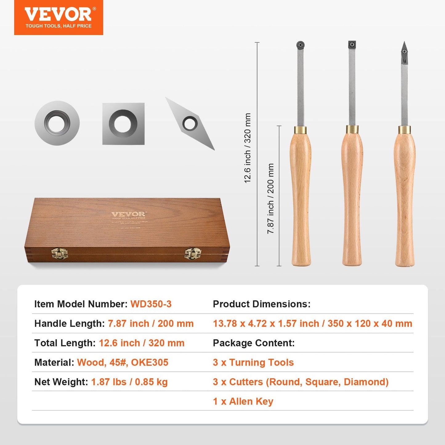 3-Piece Wood Turning Tool Set with Carbide Blades and Comfort Handles