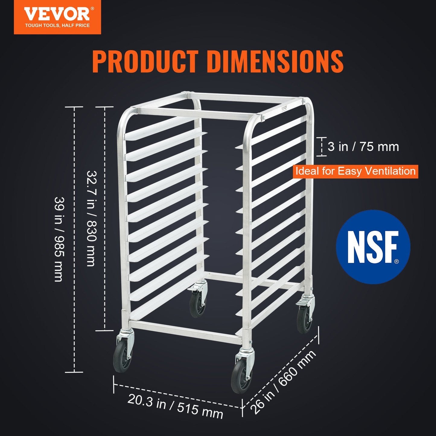 10-Tier Aluminum Bakery Rack with Brake Wheels, 0.66 x 0.52 x 0.99 m