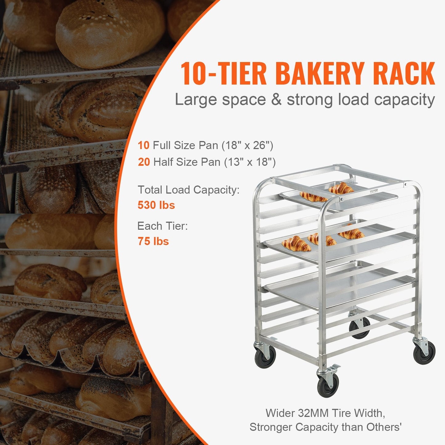 10-Tier Aluminum Bakery Rack with Brake Wheels, 0.66 x 0.52 x 0.99 m