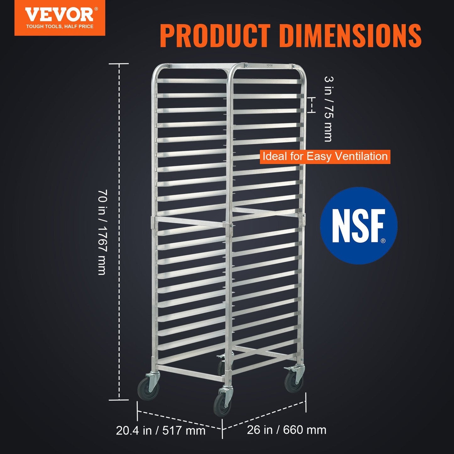 20-Tier Aluminum Bakery Rack with Lockable Wheels, 1.76 m High, 240 kg Capacity