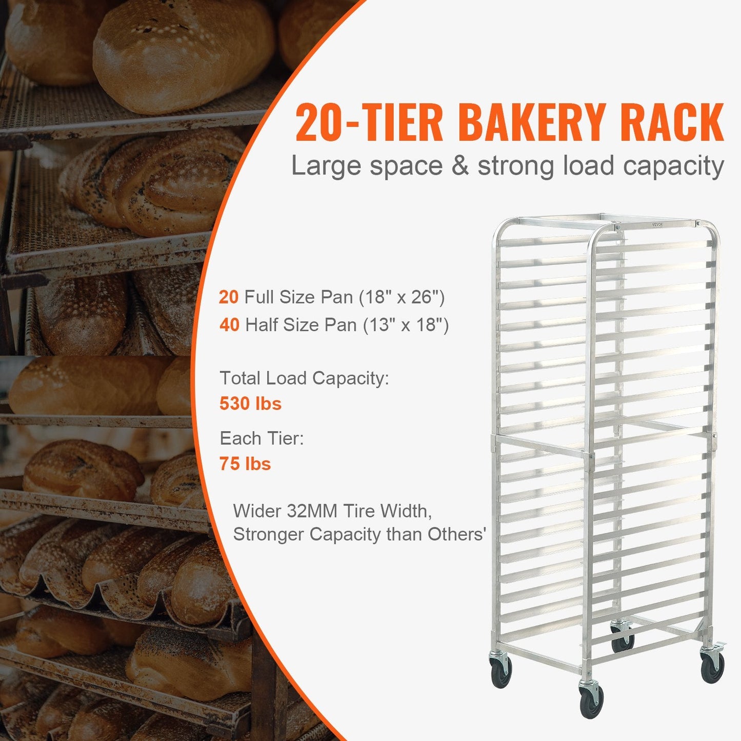 20-Tier Aluminum Bakery Rack with Lockable Wheels, 1.76 m High, 240 kg Capacity