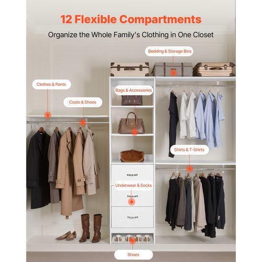 Closet System with 3 Drawers, Adjustable Height Wooden Closet Organizers, Modern Walk-in Wardrobe Organization with 3 Re