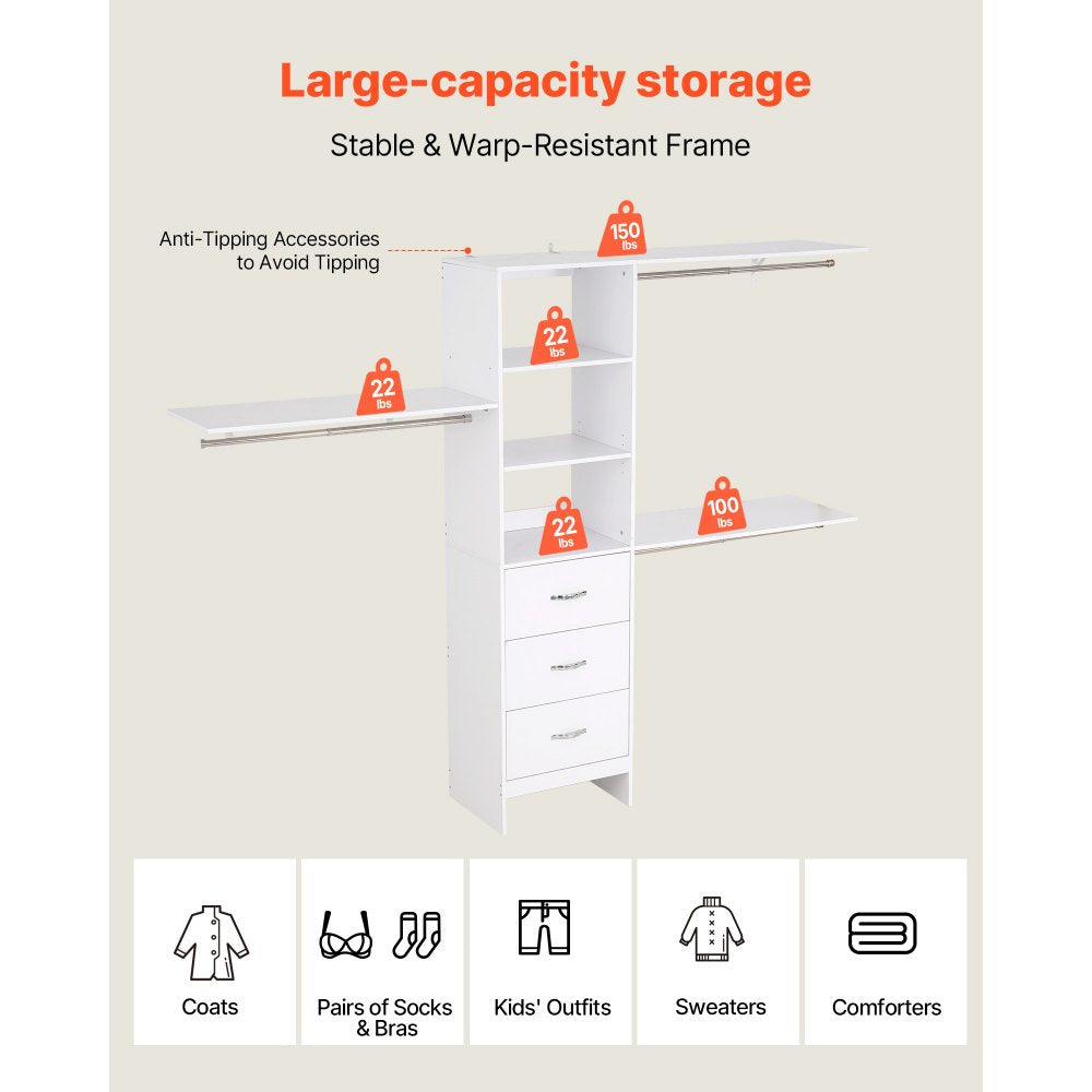 Closet System with 3 Drawers, Adjustable Height Wooden Closet Organizers, Modern Walk-in Wardrobe Organization with 3 Retractable Clothes Hanger Rods, Freestanding Garment Rack Storage, White