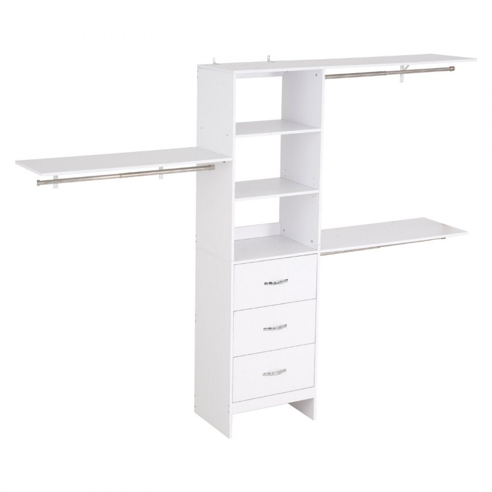 Closet System with 3 Drawers, Adjustable Height Wooden Closet Organizers, Modern Walk-in Wardrobe Organization with 3 Retractable Clothes Hanger Rods, Freestanding Garment Rack Storage, White