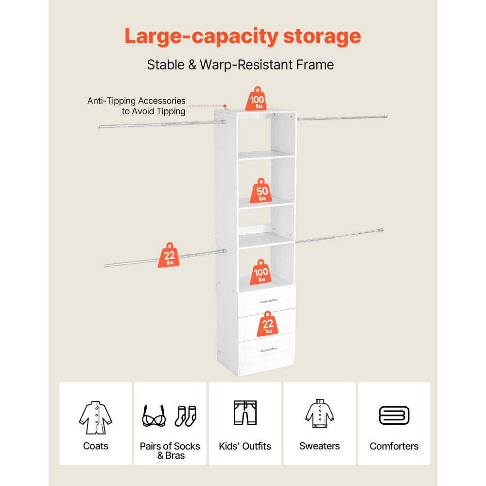 Closet System with 3 Drawers, Adjustable Height Wooden Closet Organizers, Modern Walk-in Wardrobe Organization with 4 Retractable Clothes Hanger Rods, Freestanding Garment Rack Storage, White