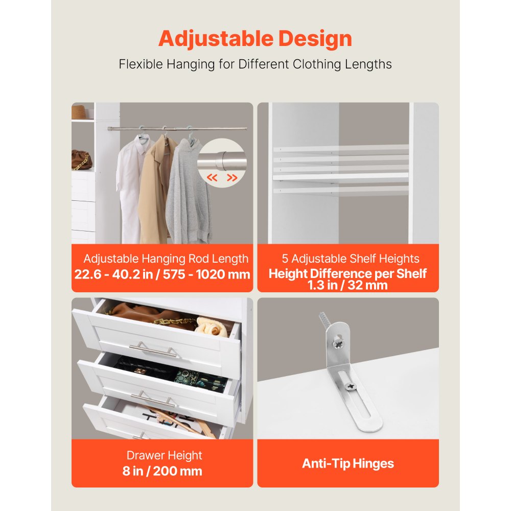 Closet System with 3 Drawers, Adjustable Height Wooden Closet Organizers, Modern Walk-in Wardrobe Organization with 4 Retractable Clothes Hanger Rods, Freestanding Garment Rack Storage, White