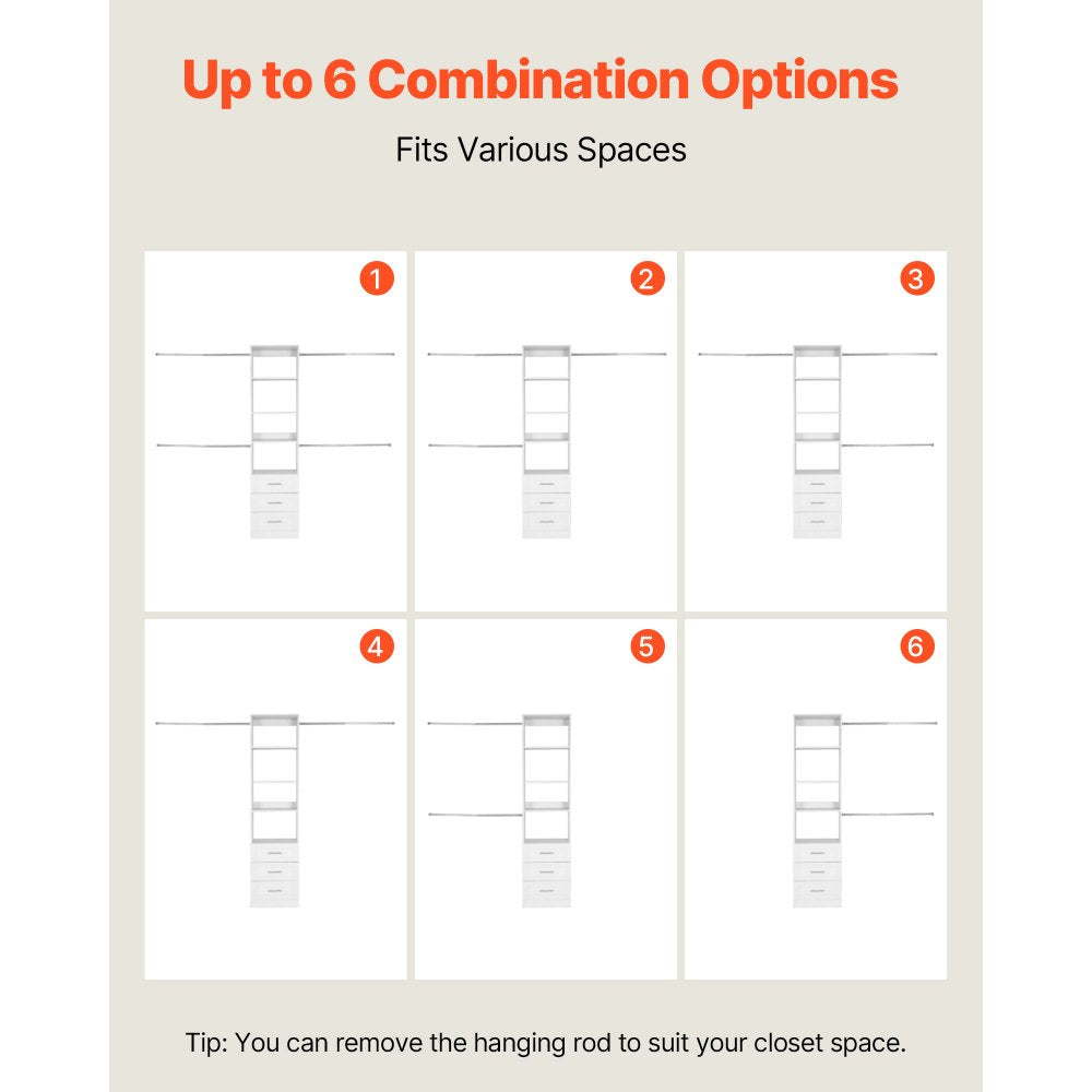 Closet System with 3 Drawers, Adjustable Height Wooden Closet Organizers, Modern Walk-in Wardrobe Organization with 4 Retractable Clothes Hanger Rods, Freestanding Garment Rack Storage, White