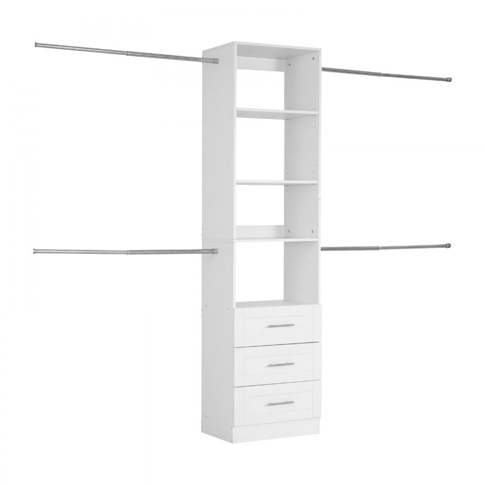 Closet System with 3 Drawers, Adjustable Height Wooden Closet Organizers, Modern Walk-in Wardrobe Organization with 4 Retractable Clothes Hanger Rods, Freestanding Garment Rack Storage, White