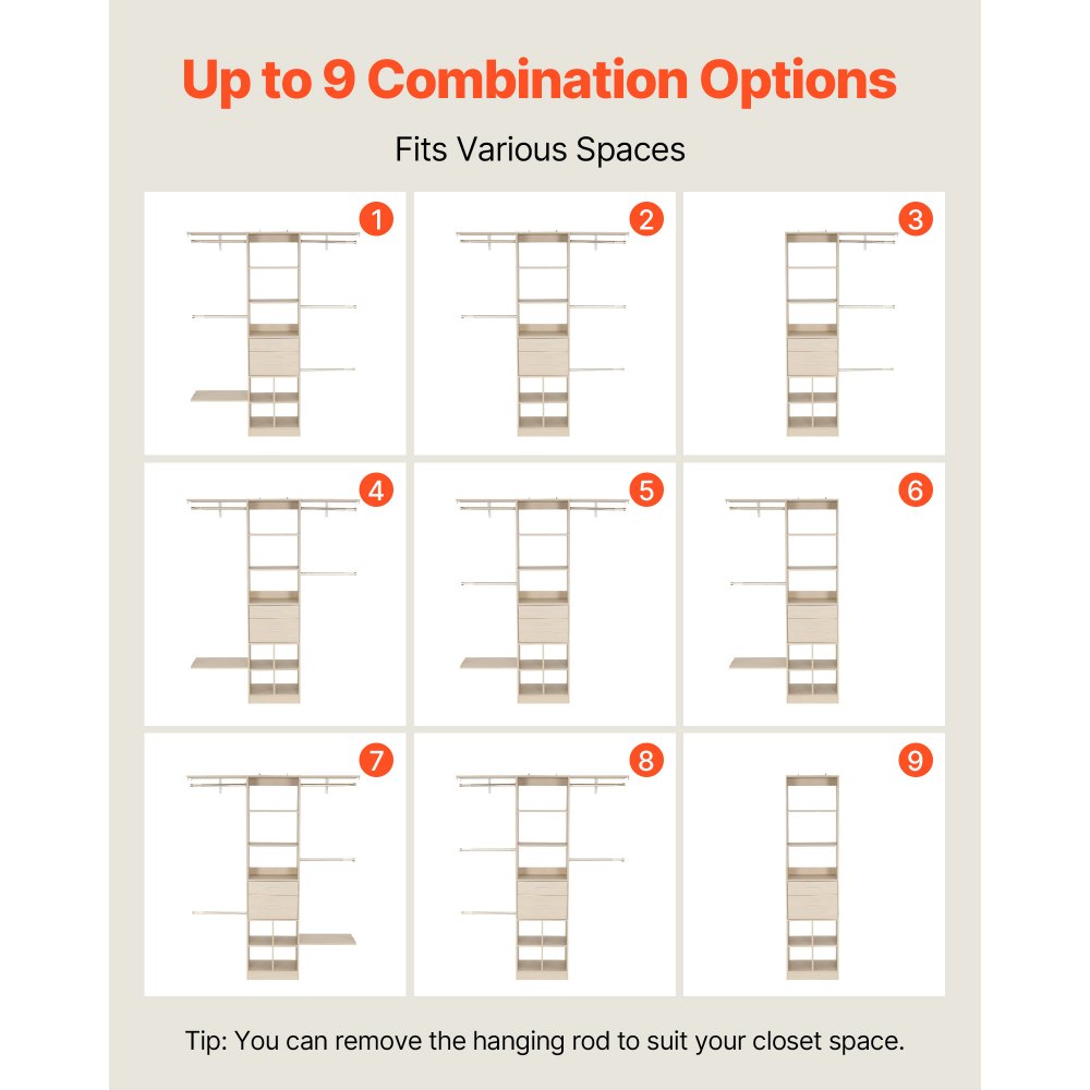 Closet System with 2 Drawers, Adjustable Height Wooden Closet Organizers, Modern Walk-in Wardrobe Organization with 5 Retractable Clothes Hanger Rods, Freestanding Garment Rack Storage, Grey