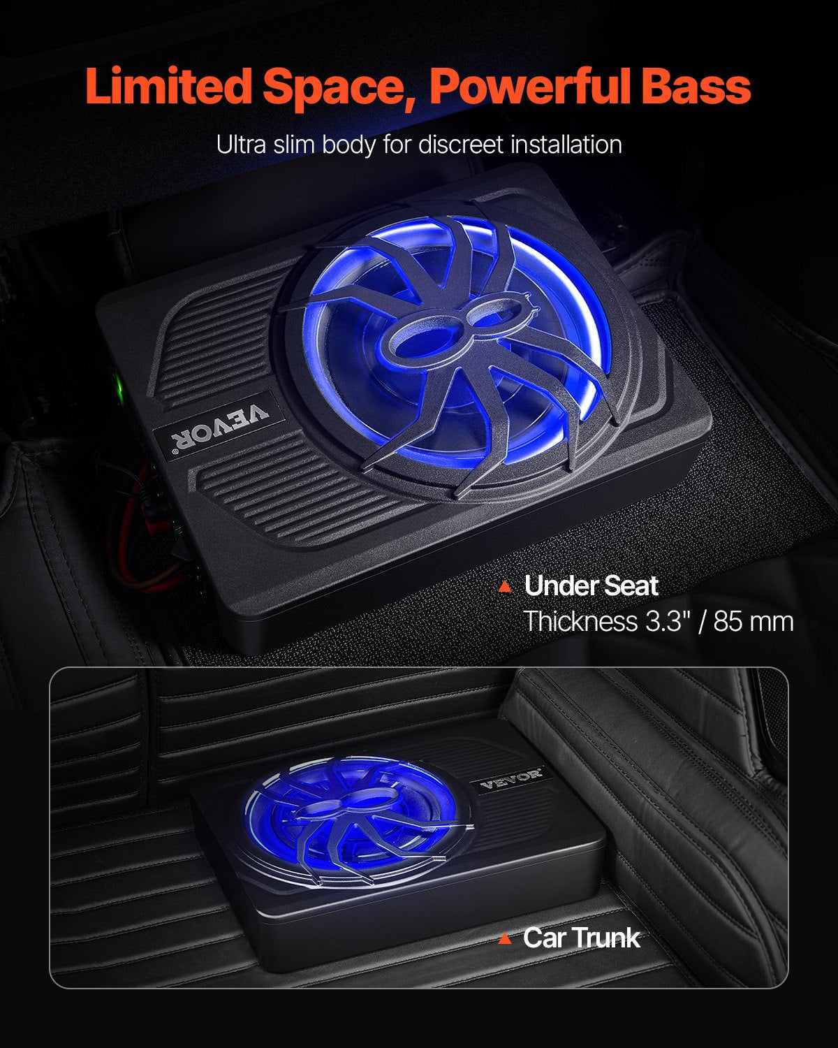 VEVOR 10" 440W Under Seat Car Subwoofer with Blue Ambient Light Subwoofer System