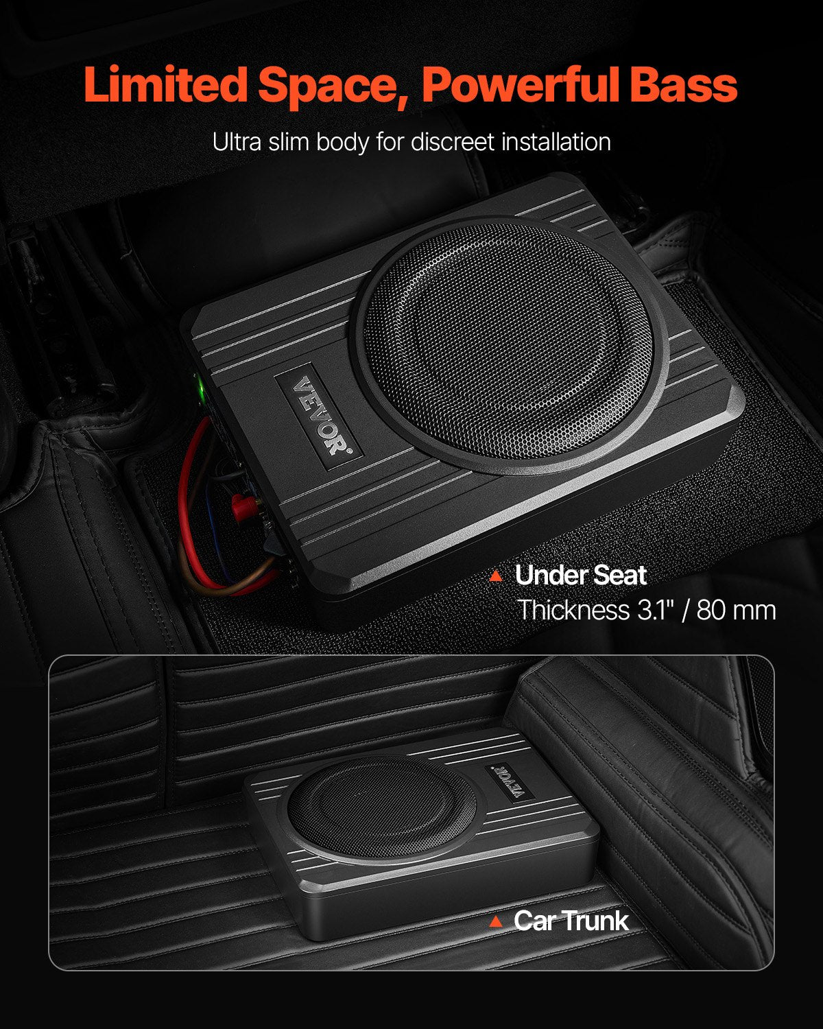 VEVOR 8" 400W Under Seat Car Subwoofer Slim Powered Car/Truck Subwoofer System