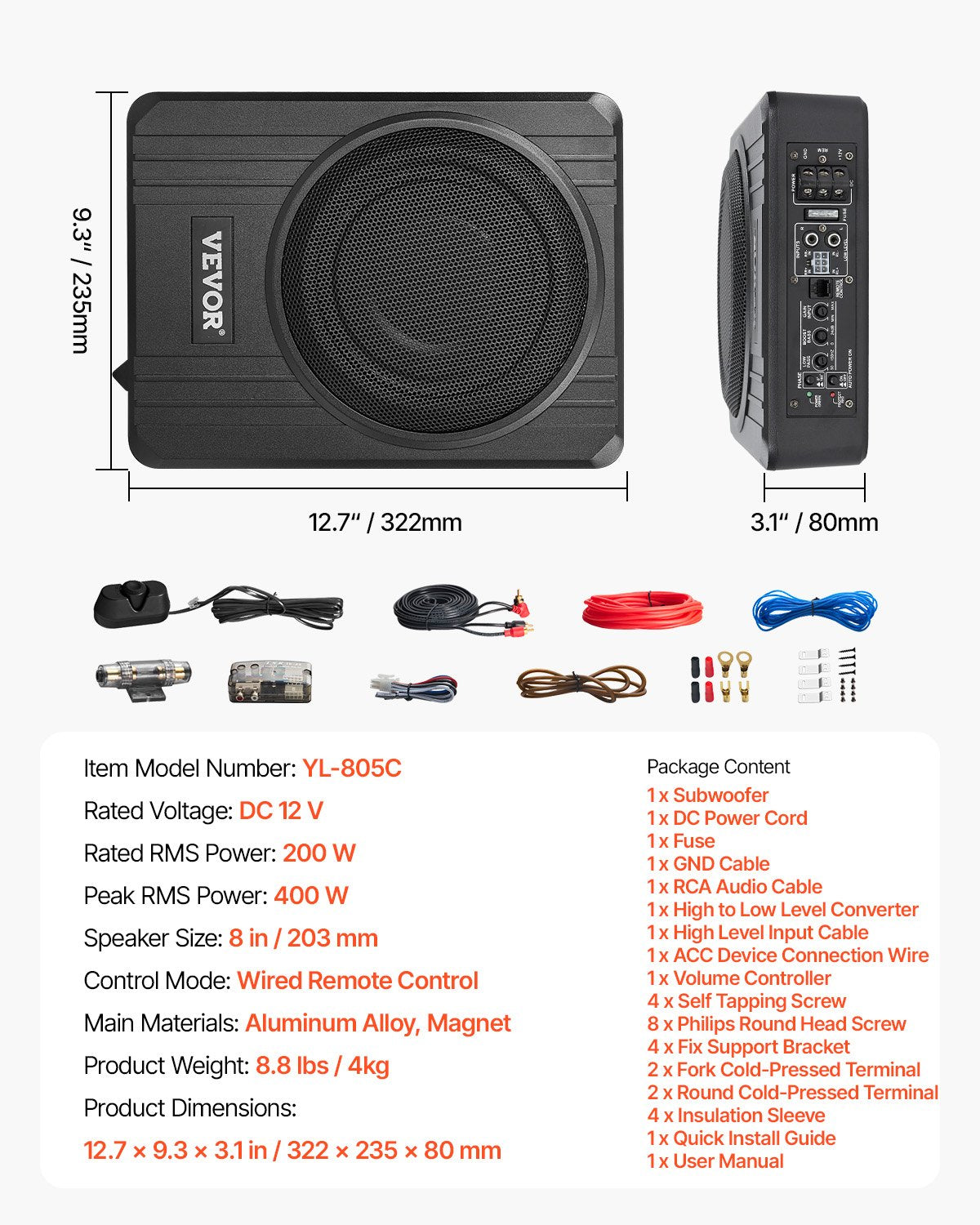 VEVOR 8" 400W Under Seat Car Subwoofer Slim Powered Car/Truck Subwoofer System