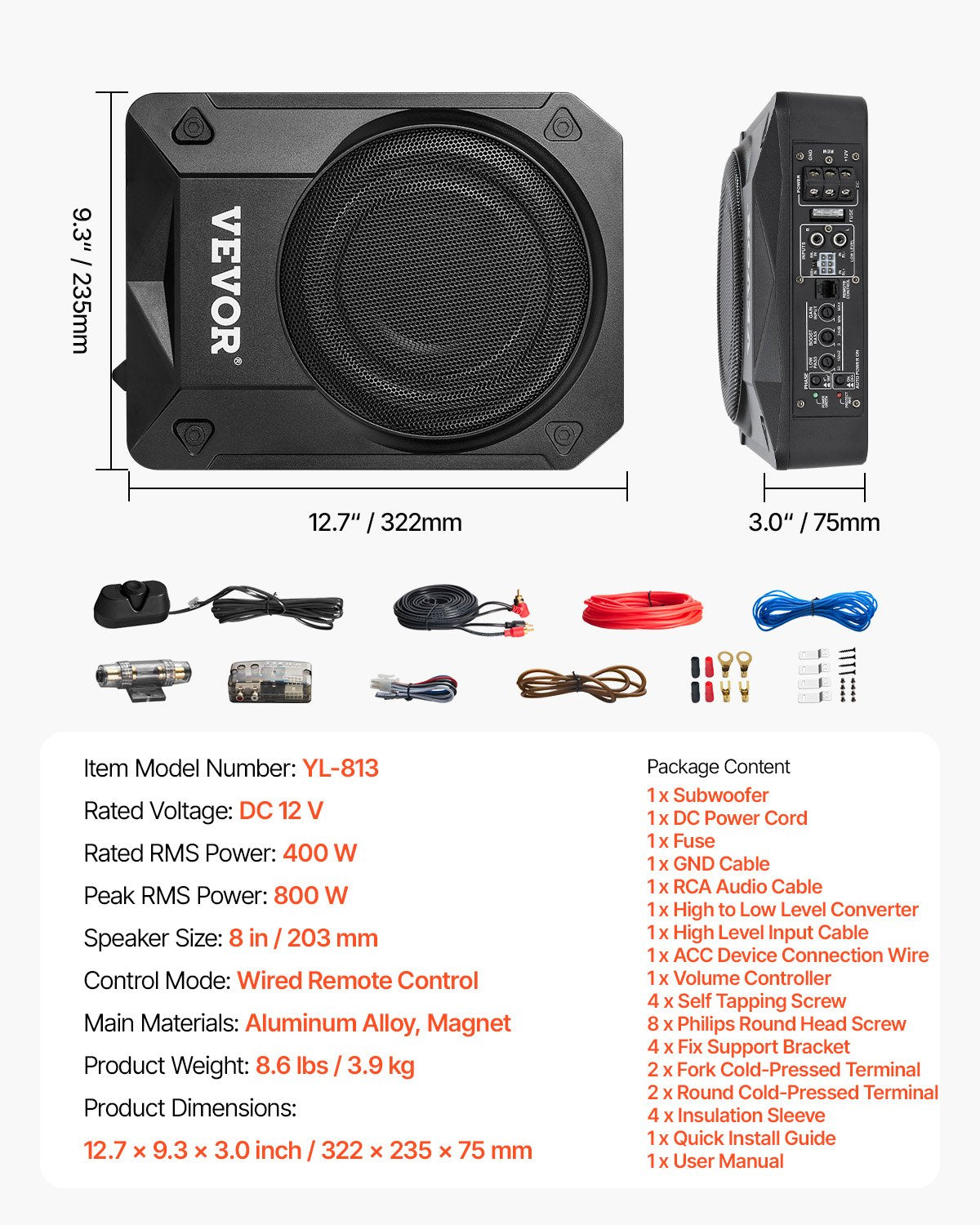VEVOR 8" 800W Under Seat Car Subwoofer Slim Powered Car/Truck Subwoofer System
