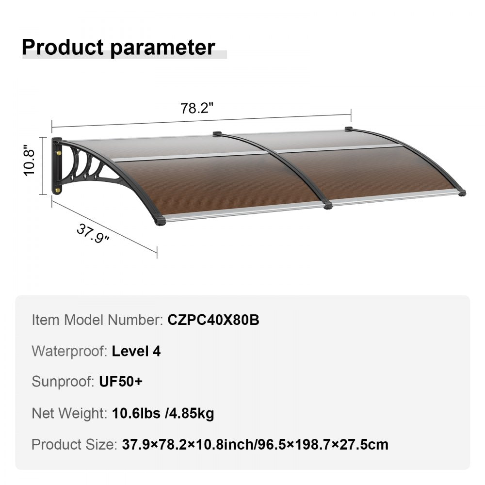 VEVOR Window Door Awning Canopy 965 x 1987 mm, UPF 50+ Polycarbonate Entry Door Outdoor Window Awning Exterior, Front Door Overhang Awning for Sun Shutter, UV, Rain, Snow Protection, Hollow Sheet