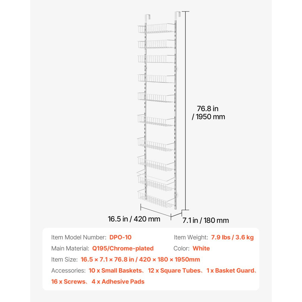 VEVOR 10-Tier Over the Door Pantry Organizer Hanging Storage Rack Adjustable