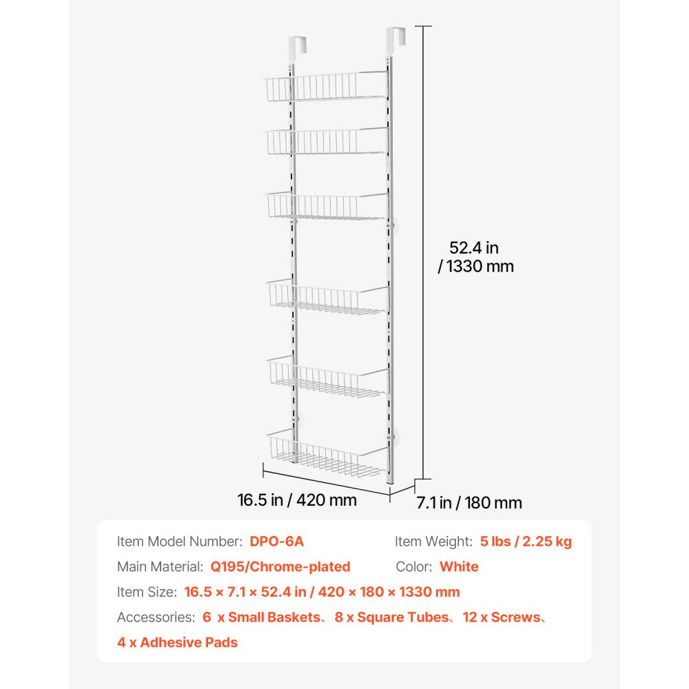 VEVOR 6-Tier Over the Door Pantry Organizer Hanging Storage Rack Adjustable