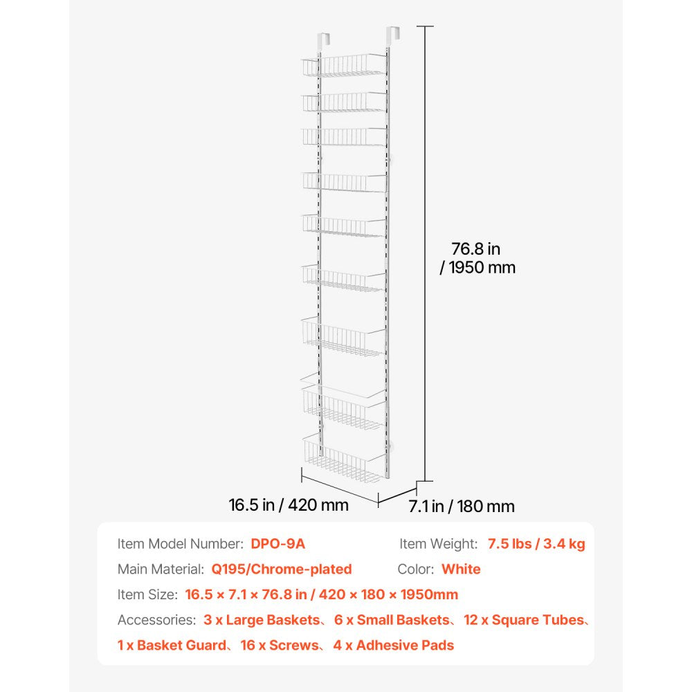 VEVOR 9-Tier Over the Door Pantry Organizer Hanging Storage Rack Adjustable
