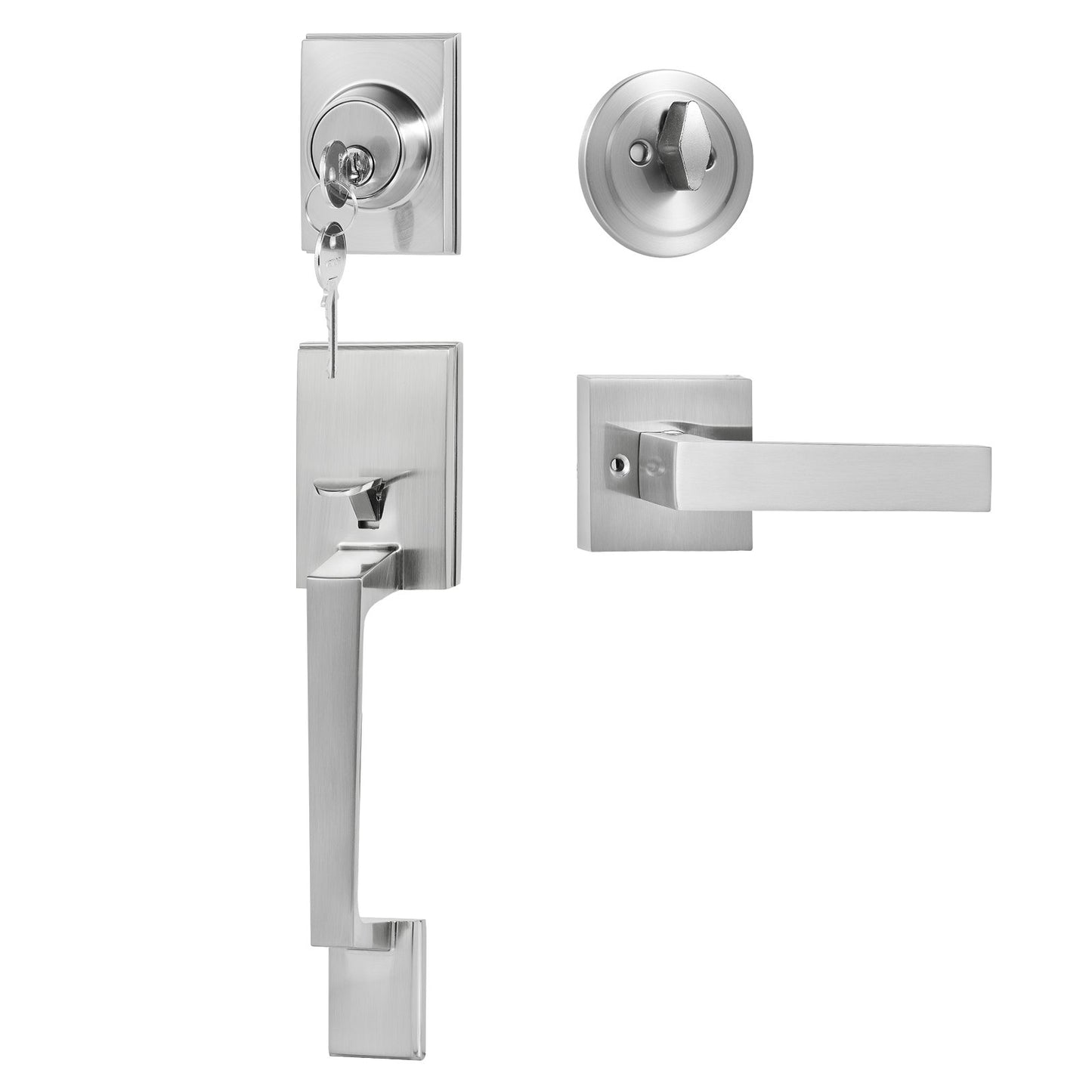 Front Door Handle and Deadbolt Set, Square Entry Handle Set with Lever, Single Cylinder, Adjustable Hole Space, Reversible for Right and Left Handed Entrance and Front Doors, Satin Nickel