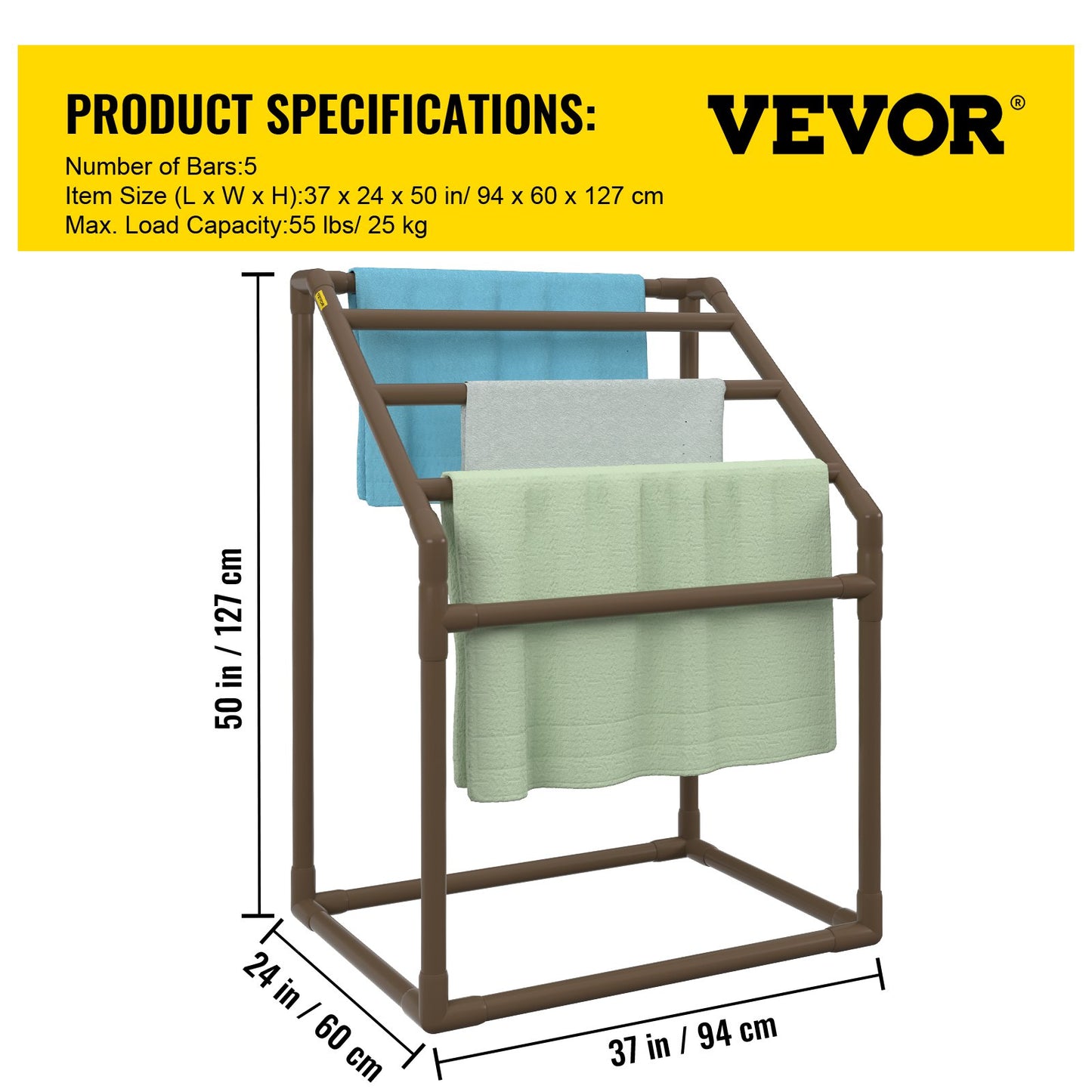 VEVOR Pool Towel Rack, 5 Bar, Brown, Freestanding Outdoor PVC Trapedozal Poolside