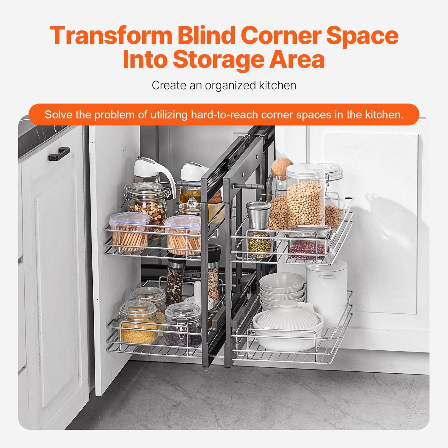 2-Tier Chrome Kitchen Organizer for Blind Corner Cabinets, 0.6m Wide, 40kg Capacity