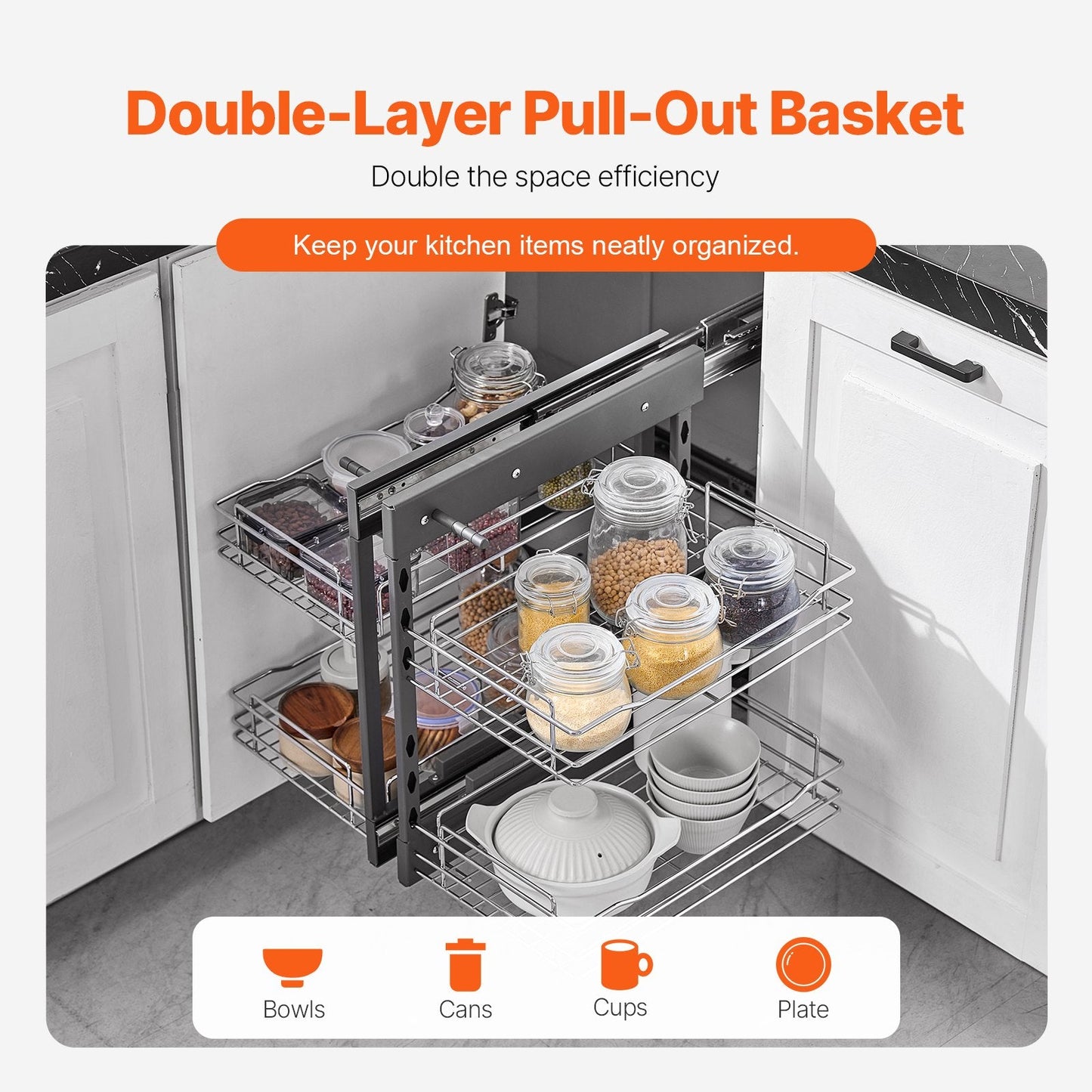 2-Tier Chrome Kitchen Organizer for Blind Corner Cabinets, 0.6m Wide, 40kg Capacity