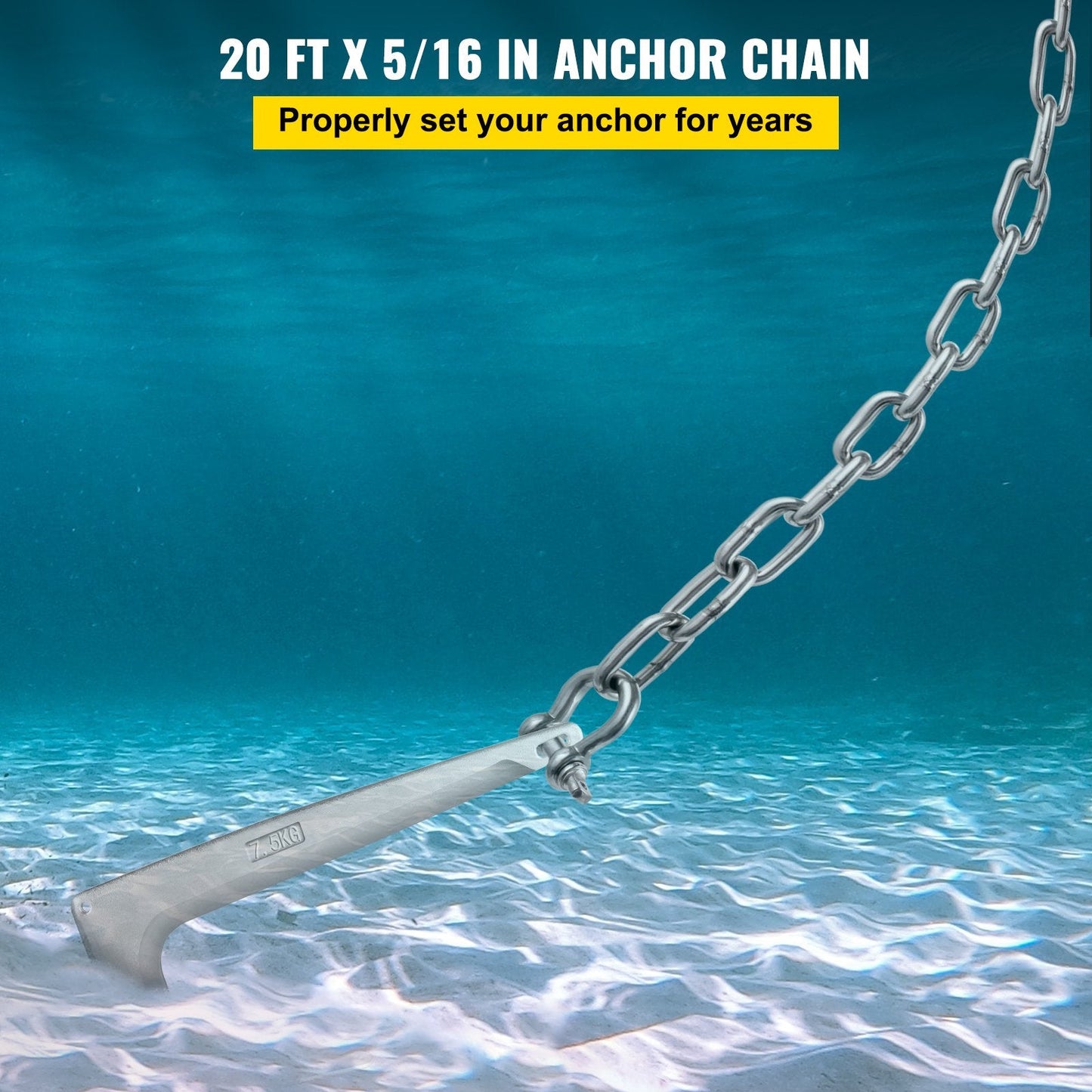 Marine Anchor Chain with Shackles, 6.1 m Stainless Steel, 3230 kg Break Load
