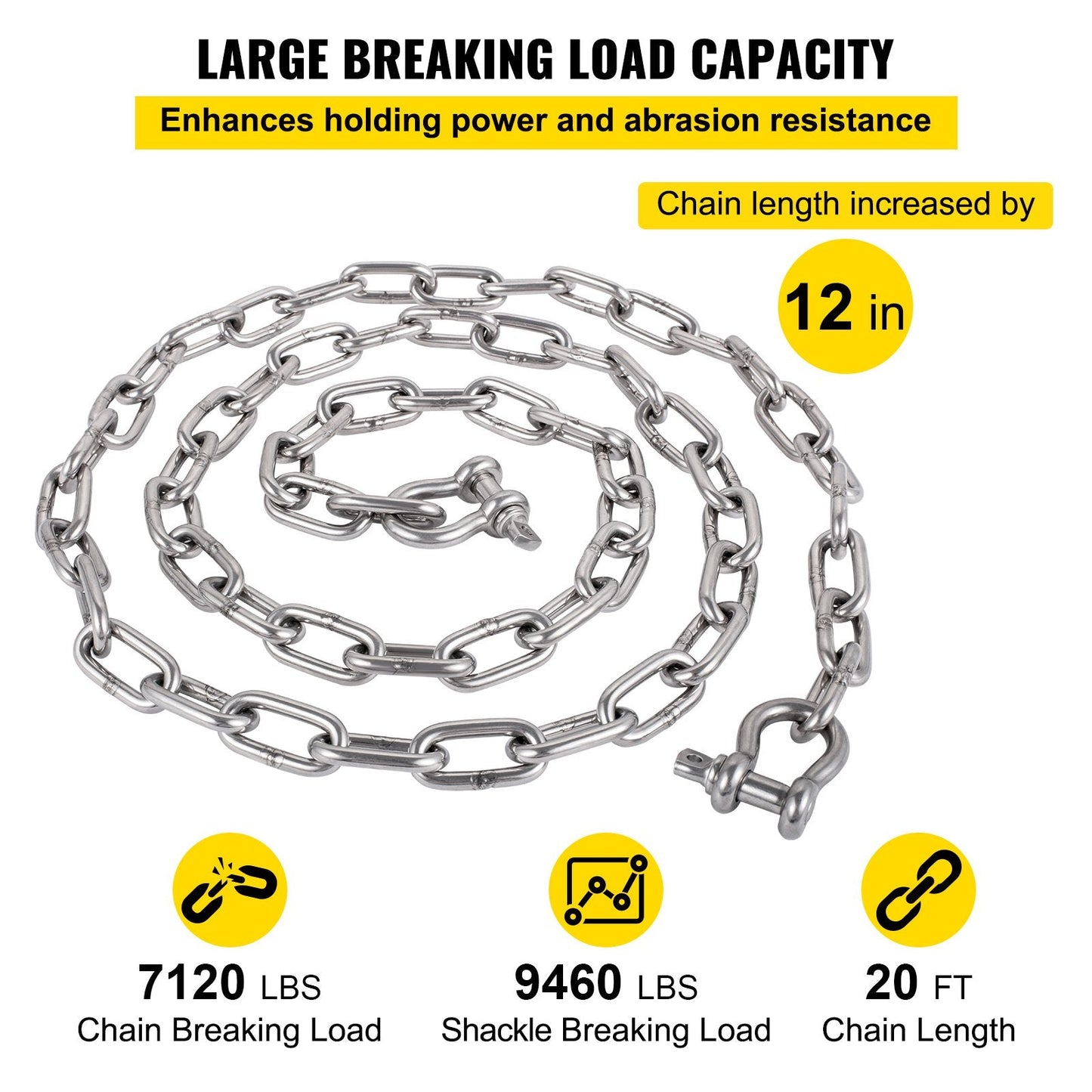 Marine Anchor Chain with Shackles, 6.1 m Stainless Steel, 3230 kg Break Load