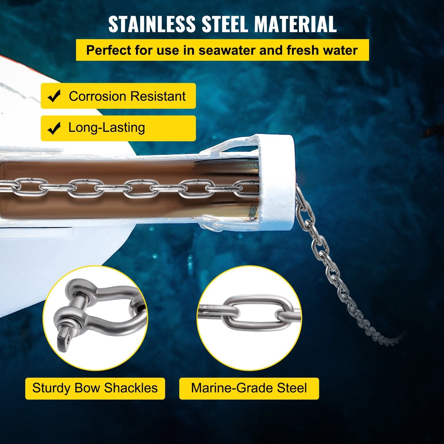 Marine Anchor Chain with Shackles, 6.1 m Stainless Steel, 3230 kg Break Load