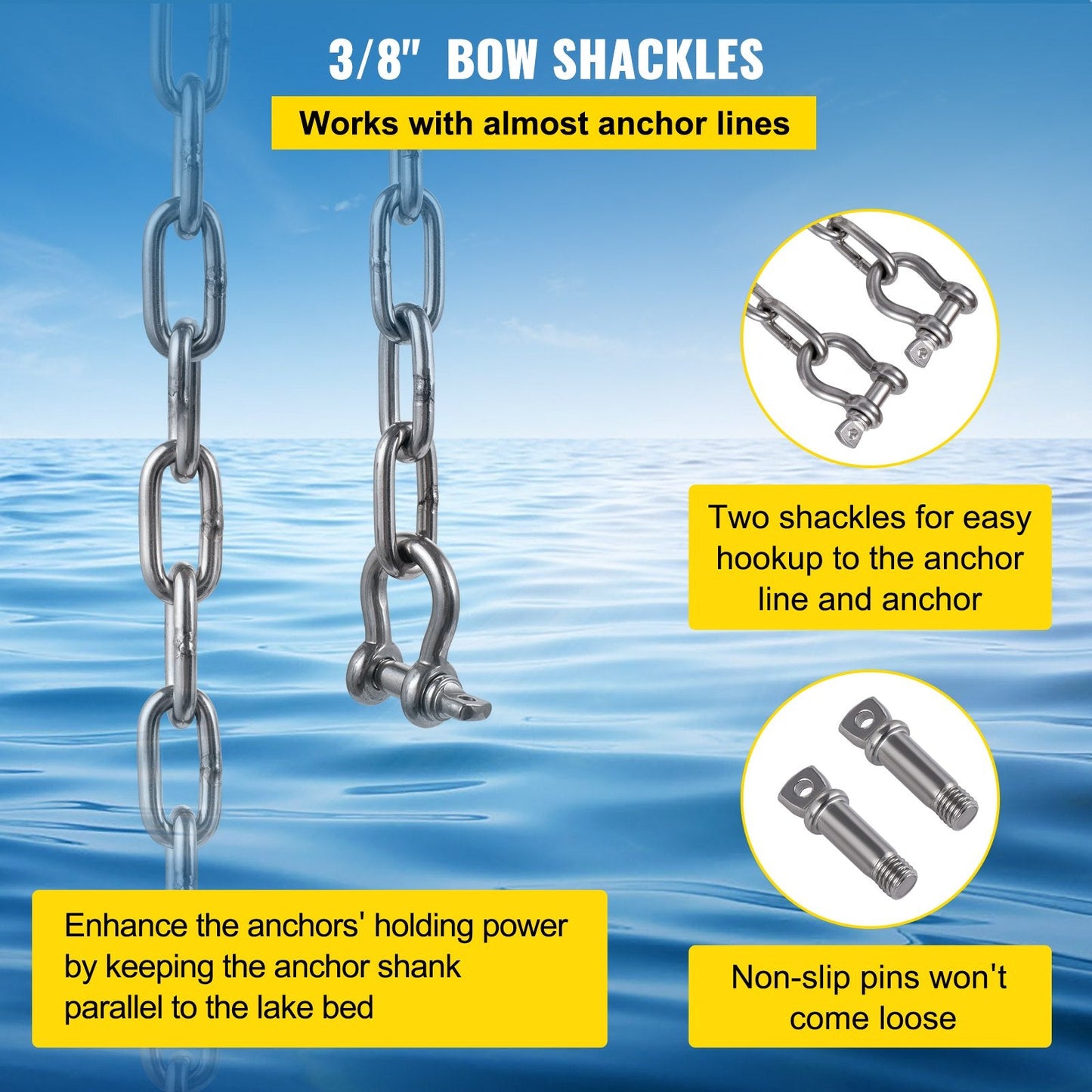 Marine Anchor Chain with Shackles, 6.1 m Stainless Steel, 3230 kg Break Load