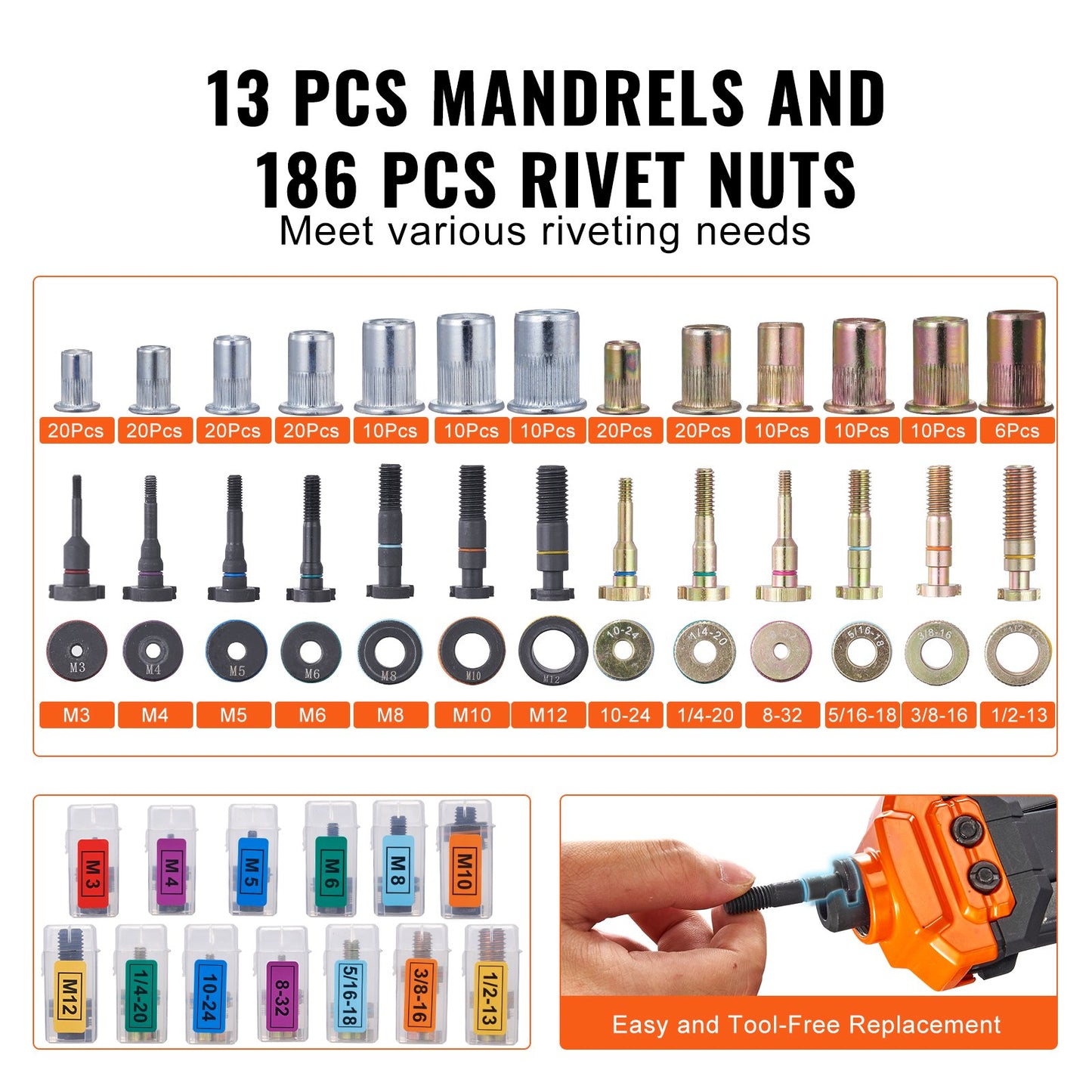 VEVOR Rivet Nut Tool, 16” Rivnut Tool Kit with 13PCS Metric and SAE Mandrels, 186PCS